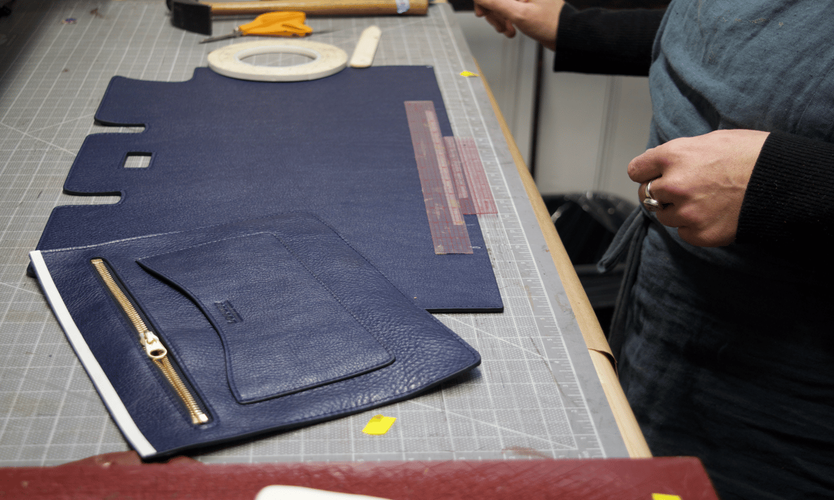 Assembling the interior pocket of the Lotuff Leather Day Satchel