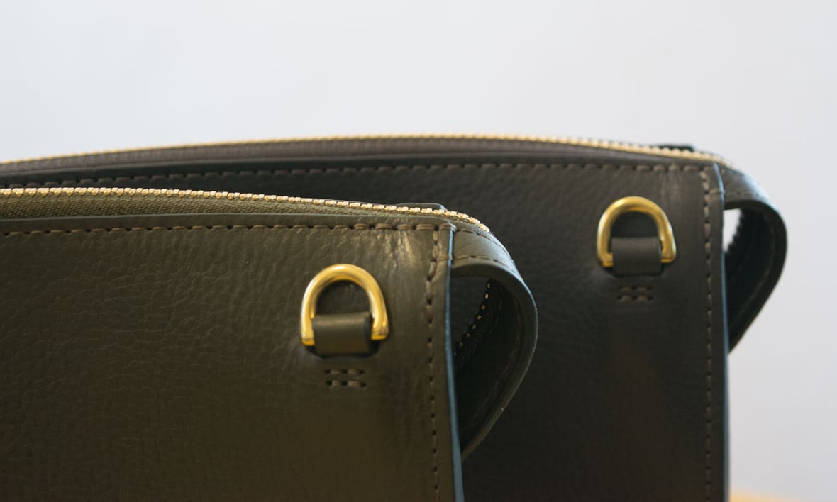 Lotuff Leather Tripp handbag in olive green and elephant