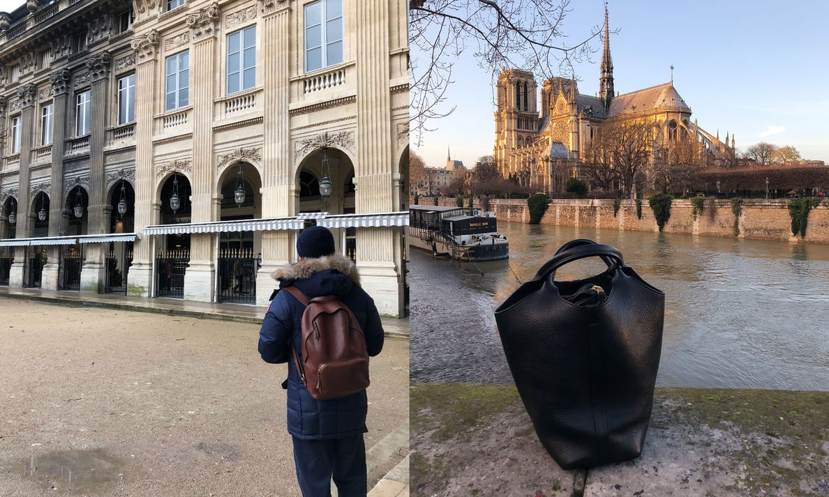Lotuff Leather Zipper Backpack in Chestnut at the Palais-Royal and Lotuff Leather One Piece in Black by Notre-Dame