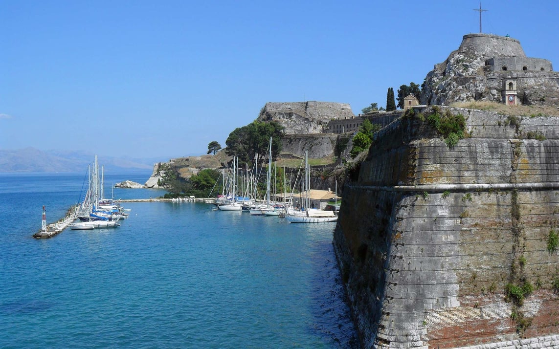 Sailboats in the harbor on the island of Corfu, Greece