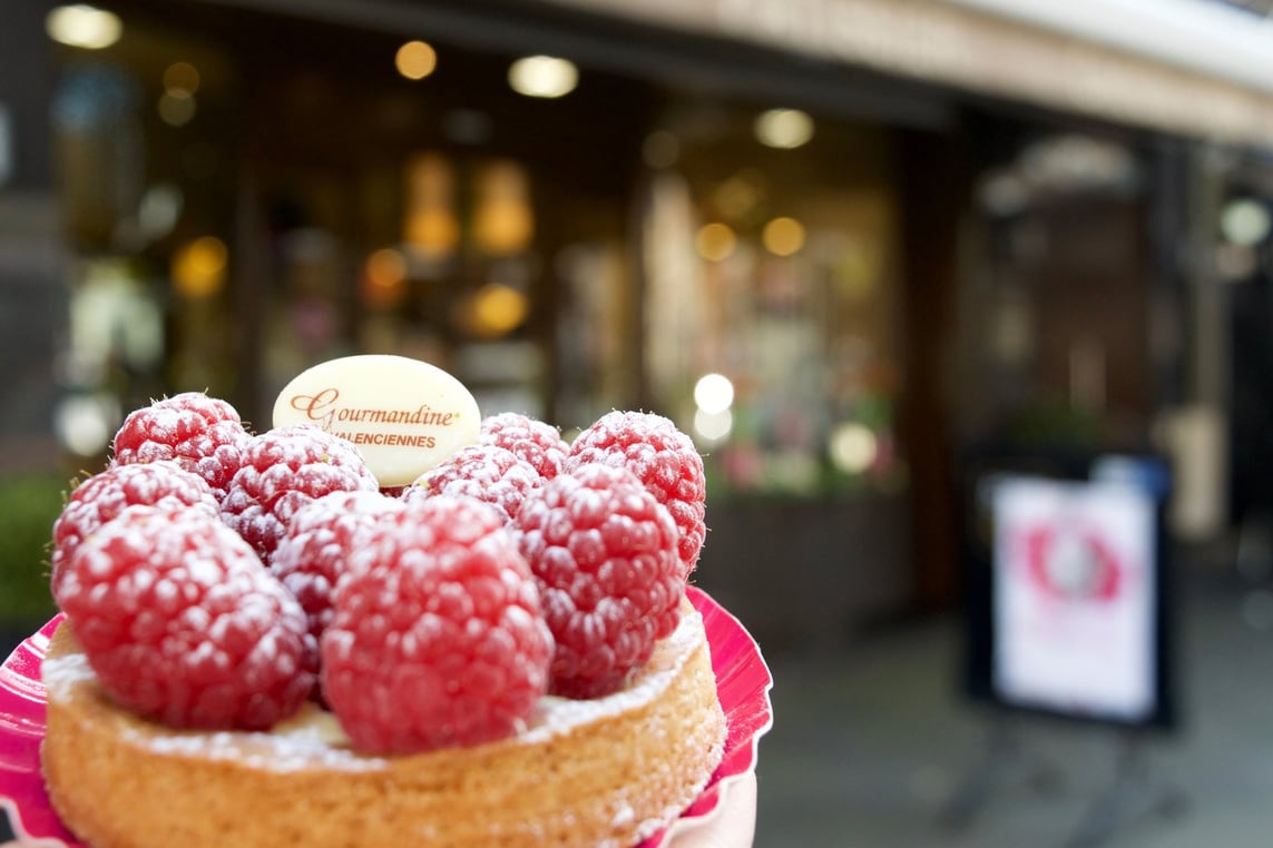 Raspberry tart from Gourmandine bakery patisserie in Valenciennes, France