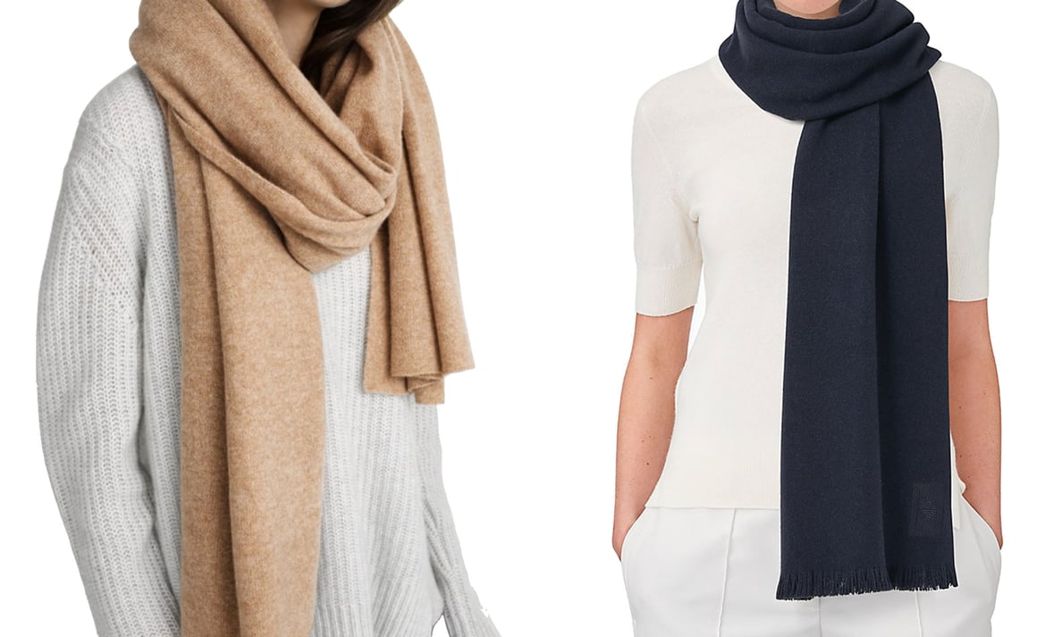 White + Warren Cashmere Travel Wrap in Camel Heather and Hermès Soft Cashmere Stole in Marine