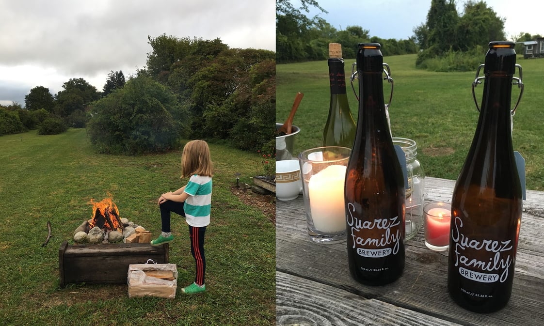 Oliver staying warm by the fire at Gatherwild, and some Suarez Family Brewery libations 