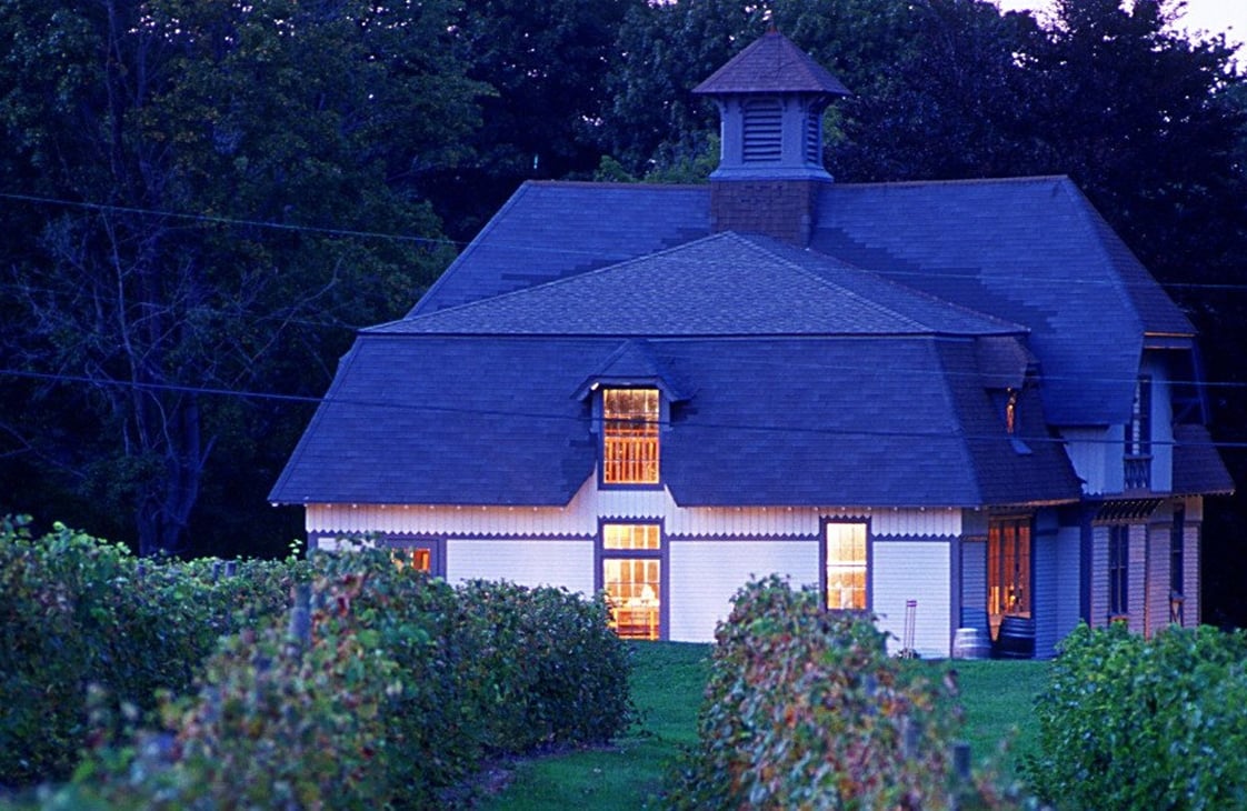 The main Greenvale Vineyards building at twilight