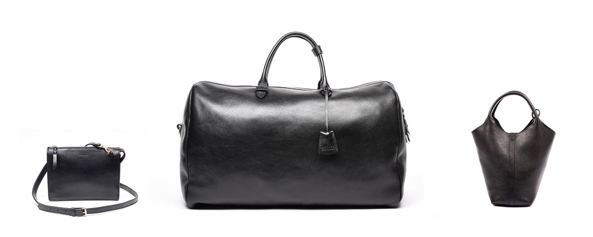 HER bags: Lotuff Leather The Tripp, No.12 Weekender Bag, and One Piece Bag in black
