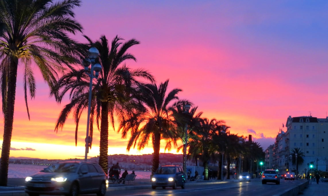 Breathtakingly beautiful sunset on the Promenade des Anglais in Nice, France