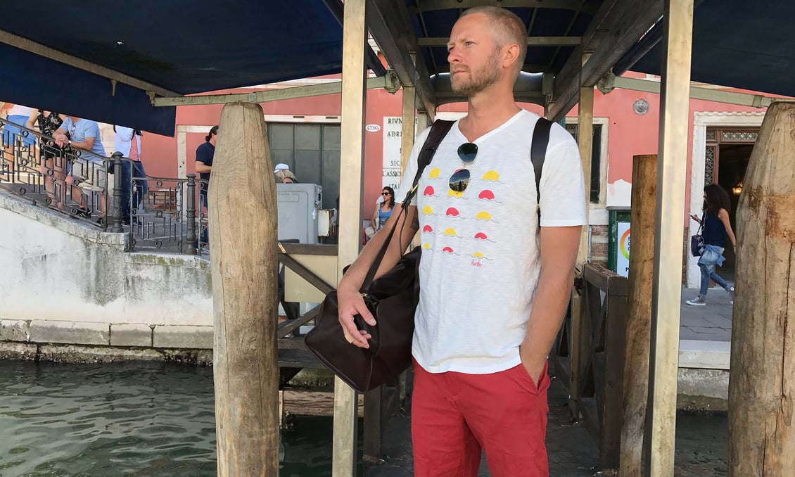 Shawn in Venice with Lotuff's Leather Duffle Travel Bag in chocolate