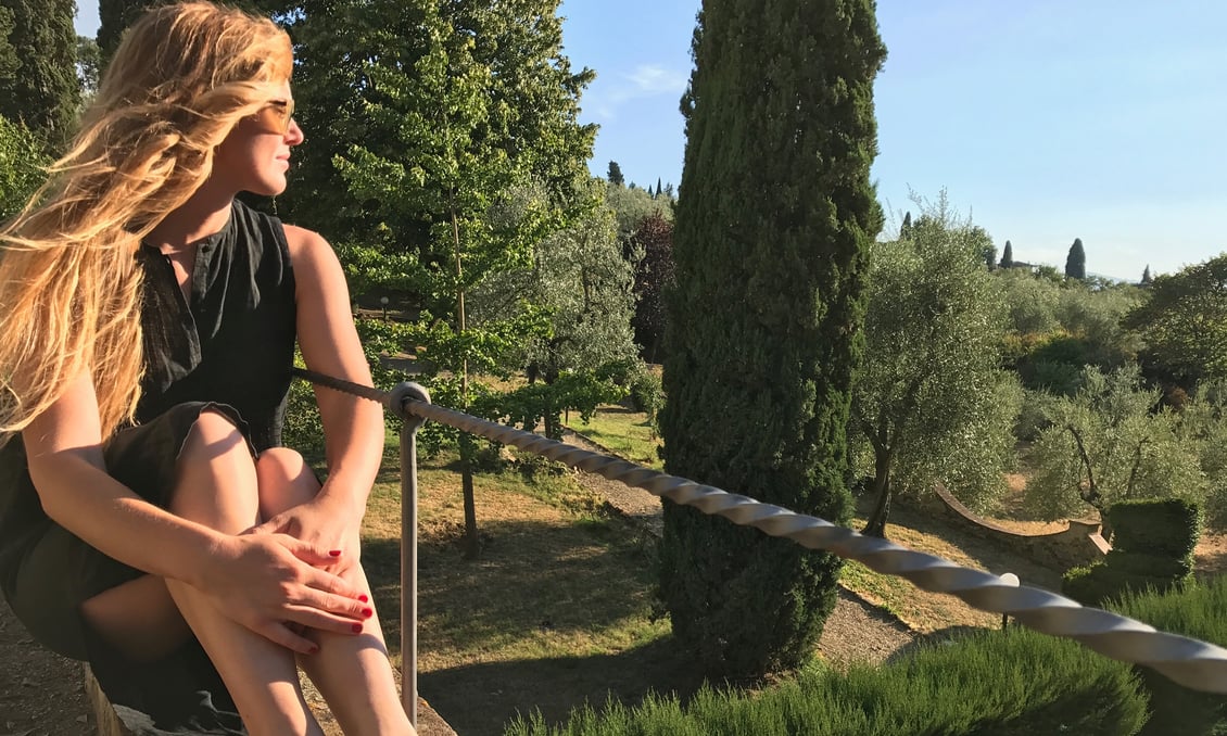 Willa looking out over the olive groves at Villa Agape