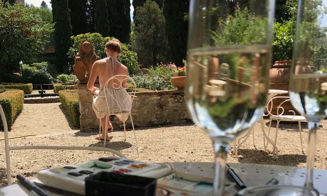Sketching and painting in Villa Agape's gardens